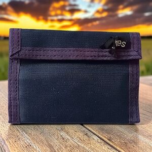 Vtg 80s Totes Nylon Bifold Flap Wallet Navy Blue Purple Hook And Loop Close